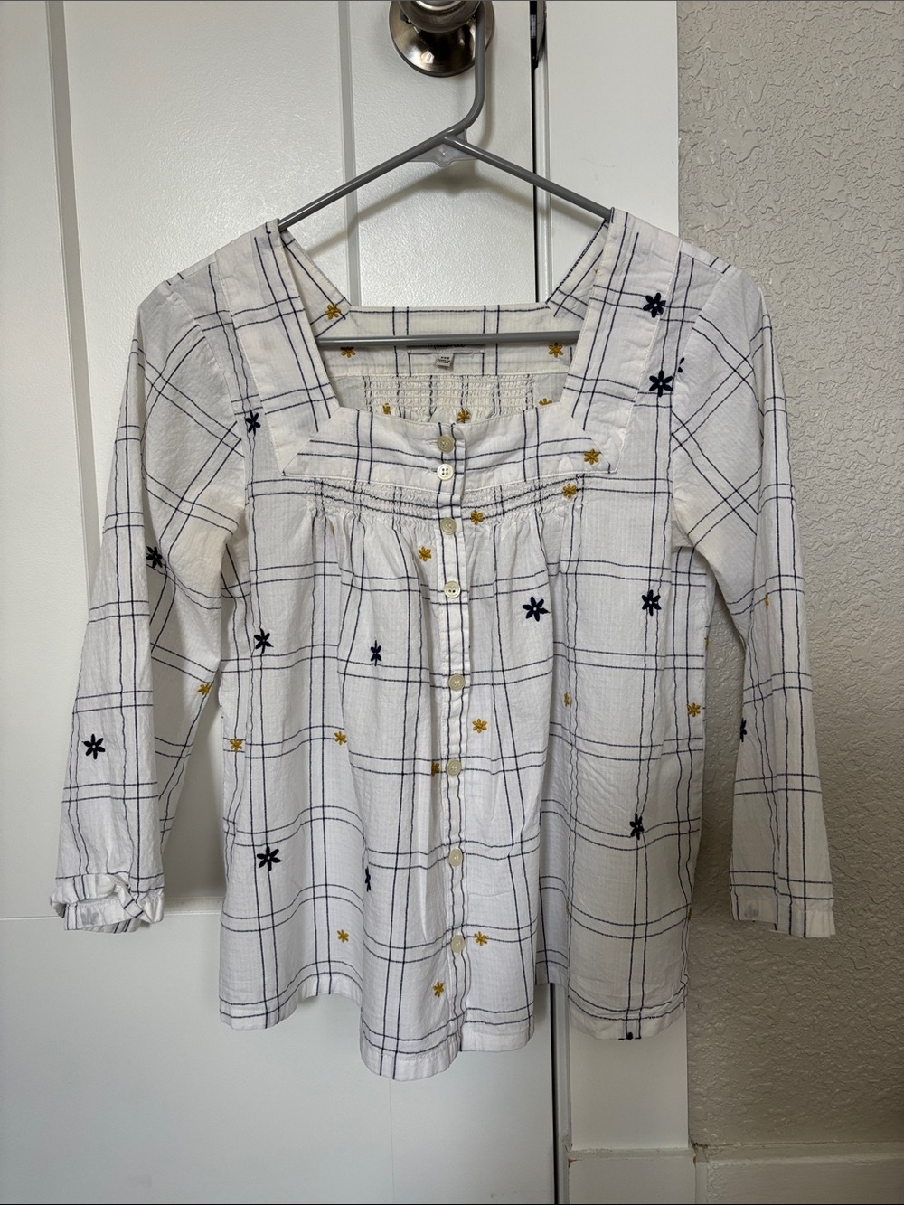 Madewell White Plaid Blouse with Navy & Yellow Embroidery